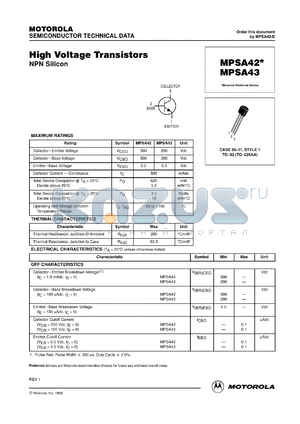 MPSA42ZL1 datasheet - High Voltage Transistor NPN