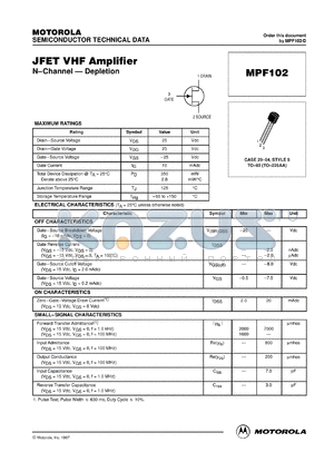 MPF102RLRA datasheet - JFET VHF Amplifier