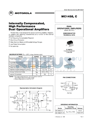 MC1458DR2 datasheet - Dual Operational Amplifier, Internally Compensated