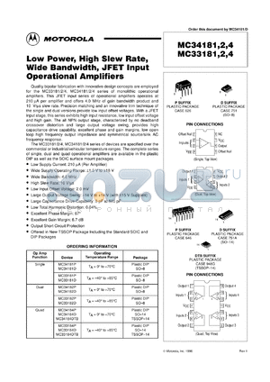 MC33181D datasheet - Low Power, High Slew Rate, Wide Bandwidth, JFET Input Op Amp