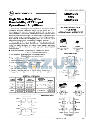 MC34080BD datasheet - High Slew Rate, High Bandwidth, JFET Input Operational Amplifier