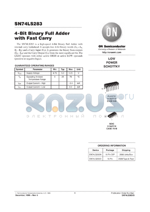 SN74LS283MEL datasheet - 4-Bit Binary Full Adder with Fast Carry