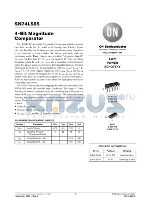 SN74LS85DR2 datasheet - 4-BIT MAGNITUDE COMPARATOR