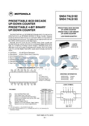 SN74LS193MEL datasheet - PRESETTABLE BCD/DECADE UP/DOWN COUNTER PRESETTABLE 4-BIT BINARY UP/DOWN COUNTER