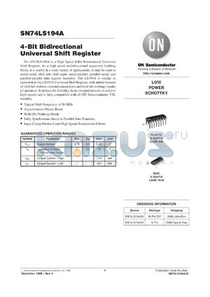 SN74LS194ADR2 datasheet - 4-Bit Bidirectional Universal Shift Register