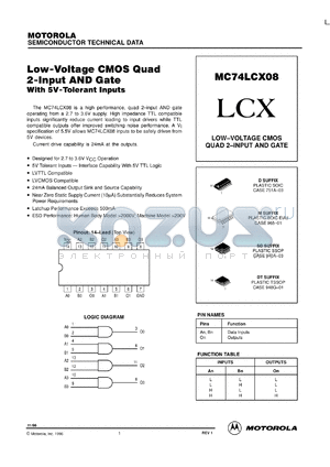 MC74LCX08DTEL datasheet - Low-Voltage CMOS Quad 2-Input AND Gate with 5V-Tolerant Inputs