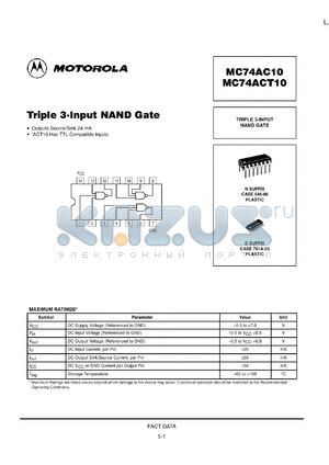 MC74ACT10MR2 datasheet - Triple 3 Input NAND Gate
