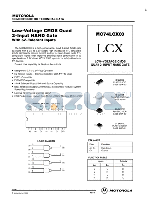 MC74LCX00DTEL datasheet - Low-Voltage CMOS Quad 2-Input NAND Gate with 5V-Tolerant Inputs