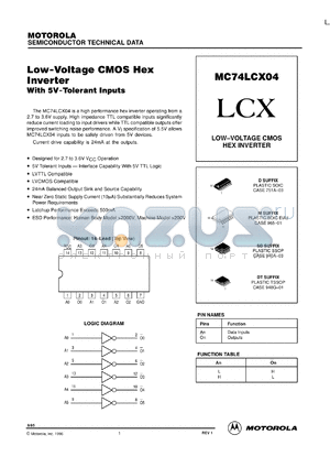 MC74LCX04DTEL datasheet - Low-Voltage CMOS Hex Inverter with 5V-Tolerant Inputs