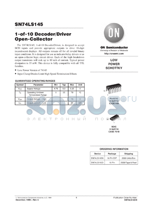 SN74LS145DR2 datasheet - 1-OF-10 Decoder/Driver Open-Collector