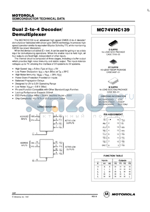 MC74VHC139DTEL datasheet - Dual 2-to-4 Decoder/Demultiplexer