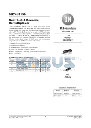 SN74LS139ML2 datasheet - Dual 1-OF-4 Decoder/ Demultiplexer