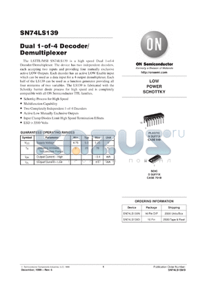 SN74LS139MR2 datasheet - Dual 1-OF-4 Decoder/ Demultiplexer