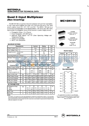 MC10H158ML1 datasheet - Quad 2-Input Multiplexer