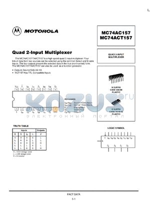 MC74AC157MR2 datasheet - Quad 2 Input Multiplexer