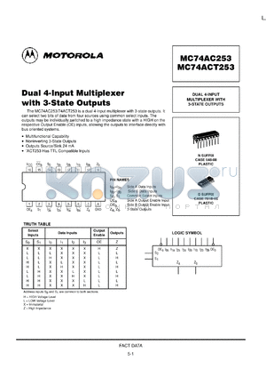 MC74AC253MEL datasheet - Dual 4 Input Multiplexer with 3 State Outputs