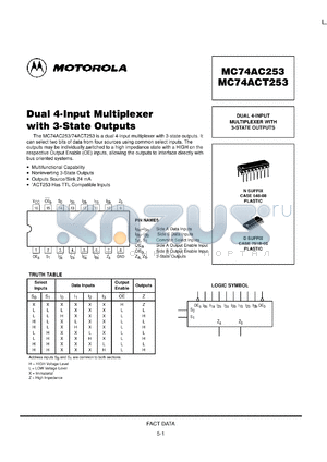 MC74ACT253MR2 datasheet - Dual 4 Input Multiplexer with 3 State Outputs