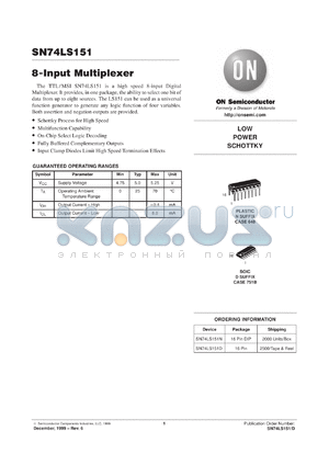 SN74LS151DR2 datasheet - 8-Input Multiplexer