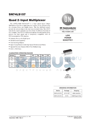 SN74LS157MEL datasheet - Quad 2-Input Multiplexer