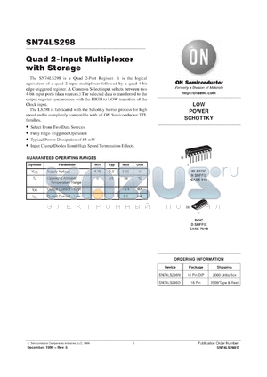 SN74LS298DR2 datasheet - Quad 2-Input Multiplexer with Storage