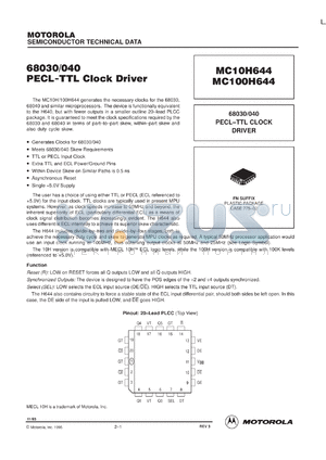 MC100H644FNR2 datasheet - 68030/68040 PECL-TTL Clock Driver