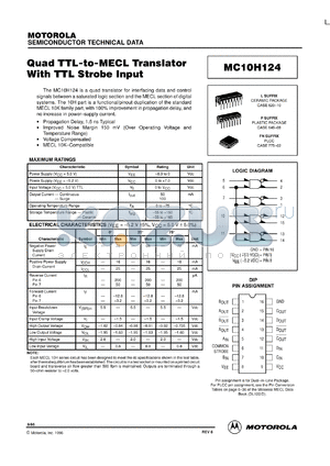 MC10H124ML1 datasheet - Quad TTL-to-MECL Translator With TTL Strobe Input