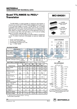 MC10H351ML1 datasheet - Quad TTL/NMOS to PECL* Translator