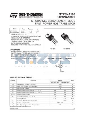 STP3NA100FP datasheet - N-CHANNEL ENHANCEMENT MODE FAST POWER MOS TRANSISTOR