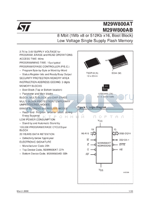 M29W800AB100N1 datasheet - 8 MBIT (1MB X8 OR 512KB X16, BOOT BLOCK) LOW VOLTAGE SINGLE SUPPLY FLASH MEMORY