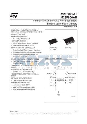 M29F800AT70N1 datasheet - 8 MBIT (1MB X8 OR 512KB X16, BOOT BLOCK) SINGLE SUPPLY FLASH MEMORY