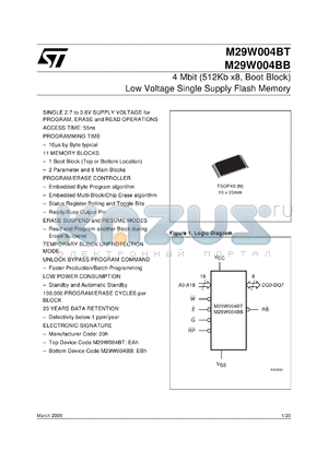 M29W004BB55N1 datasheet - 4 MBIT (512KB X8, BOOT BLOCK) LOW VOLTAGE SINGLE SUPPLY FLASH MEMORY