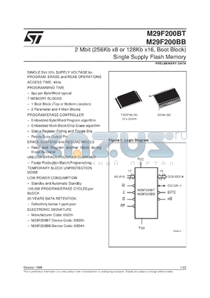 M29F200BT45M1 datasheet - 2 MBIT (256KB X8 OR 128KB X16, BOOT BLOCK) SINGLE SUPPLY FLASH MEMORY