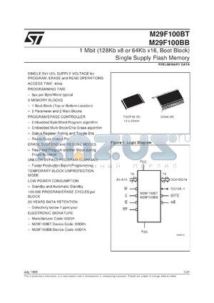 M29F100BT90M1 datasheet - 1 MBIT (128KB X8 OR 64KB X16, BOOT BLOCK) SINGLE SUPPLY FLASH MEMORY