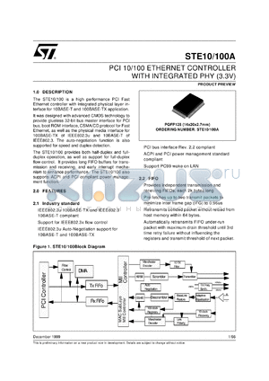 STE10/100A datasheet - PCI 10/100 ETHERNET CONTROLLER WITH INTEGRATED PHY (3.3V)