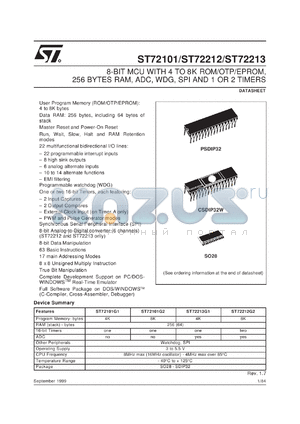 ST72101G2 datasheet - 8-BIT MICROCONTROLLER (MCU) WITH 4 TO 8K ROM/OTP/EPROM, 256 BYTES RAM, ADC, WGD, TIMERS, SPI - SO28, SDIP32