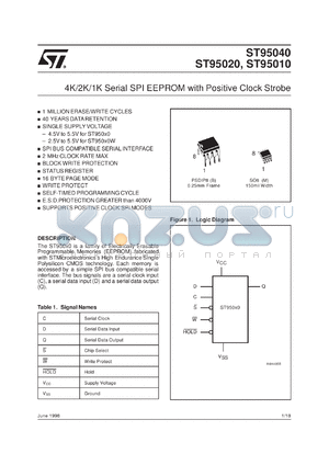 ST95010M1 datasheet - 4K/2K/1K BITS SERIAL SPI EEPROM WITH POSITIVE CLOCK STROBE