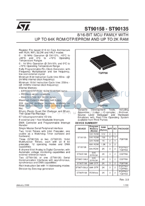 ST90158M7 datasheet - 8/16-BIT MICROCONTROLLER (MCU) WITH 16 TO 64K ROM, OTP OR EPROM, 512 TO 2K RAM - ST9 + FAMILY