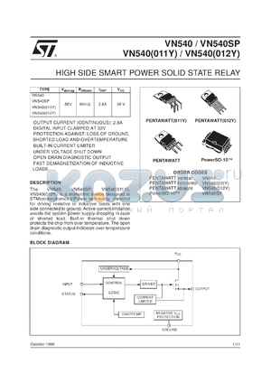 VN540-011Y datasheet - HIGH SIDE SMART POWER SOLID STATE RELAY