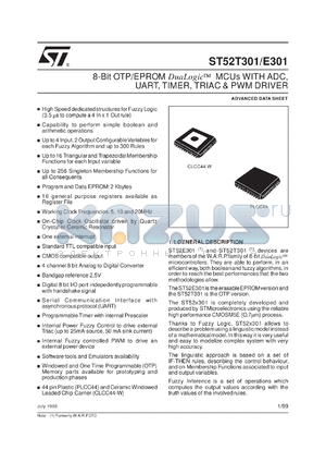 ST52T301/P datasheet - 8-BIT OTP/EPROM DUALOGIC MCU WITH ADC, UART, TIMER, TRIAC & PWM DRIVER