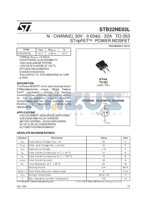 STB22NE03L datasheet - N-CHANNEL 30V - 0.034 OHM - 22A TO-263 STRIPFET POWER MOSFET