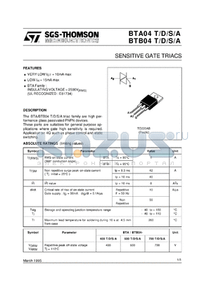 BTB04-D datasheet - SENSITIVE GATE TRIACS