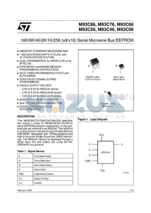 M93C06-BN3 datasheet - 16K/8K/4K/2K/1K/256 (X8/X16) SERIAL MICROWIRE BUS EEPROM