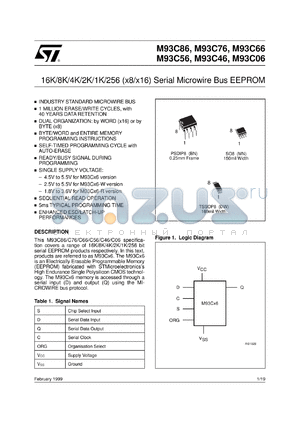 M93C66-MN3T datasheet - 16K/8K/4K/2K/1K/256 (X8/X16) SERIAL MICROWIRE BUS EEPROM