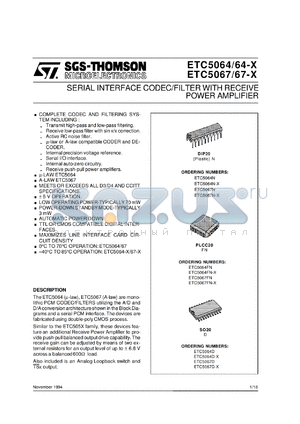 ETC5067FN datasheet - SERIAL INTERFACE CODEC/FILTER WITH RECEIVE POWER AMPLIFIER