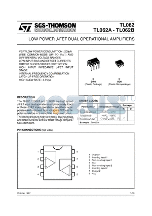 TS062ACD datasheet - LOW POWER DUAL JFET OP-AMPS