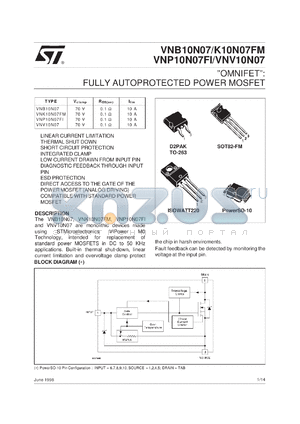 VNV10N07 datasheet - OMNIFET FULLY AUTOPROTECTED POWER MOSFET