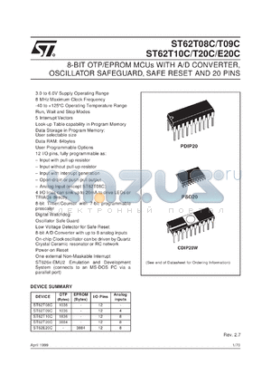 ST62E20CF1 datasheet - 8-BIT MICROCONTROLLER ( MCU ) WITH OTP, ROM, FASTROM, EPROM, A/D CONVERTER, OSCILLATOR SAFEGUARD, SAFE RESET AND 20 PINS