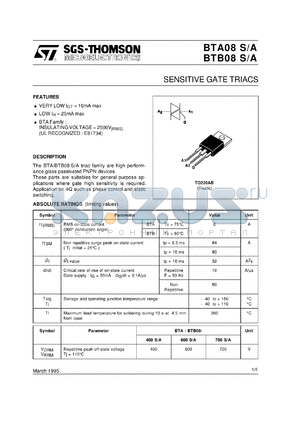 BTA08-S datasheet - SENSITIVE GATE TRIACS