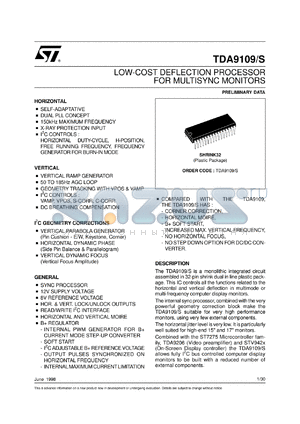 TDA9109/S datasheet - LOW-COST DEFLECTION PROCESSOR FOR MULTISYNC MONITORS