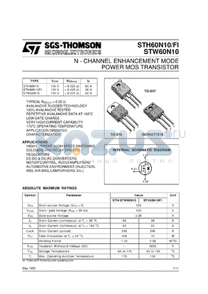 STW60N10 datasheet - N-CHANNEL ENHANCEMENT MODE POWER MOS TRANSISTORS